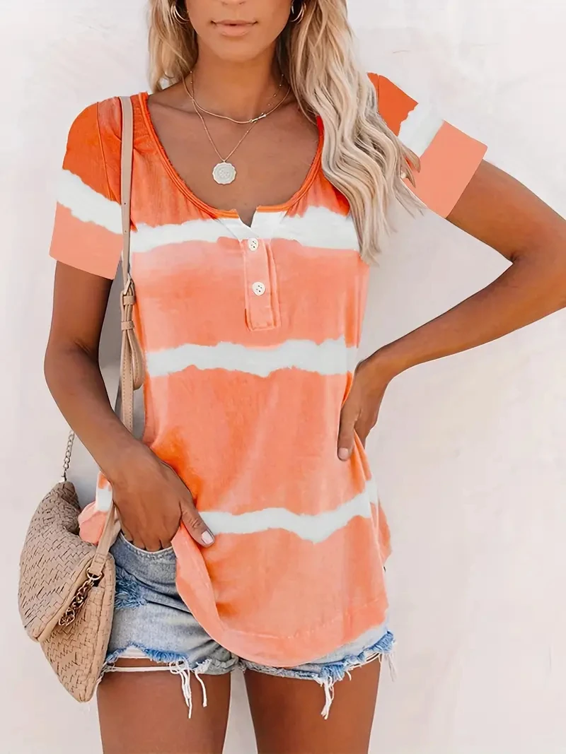 

Tie Dye Striped T-shirt, Casual Button Front Scoop Neck Short Sleeve T-shirt, Women's Clothing