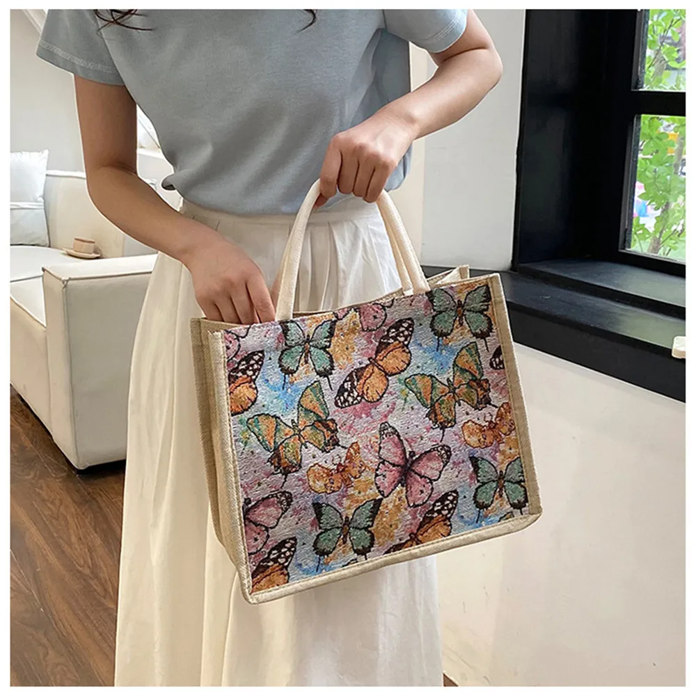 Женская сумка ISKYBOB большая 2024 с принтом Большая вместительная Льняная сумка-тоут