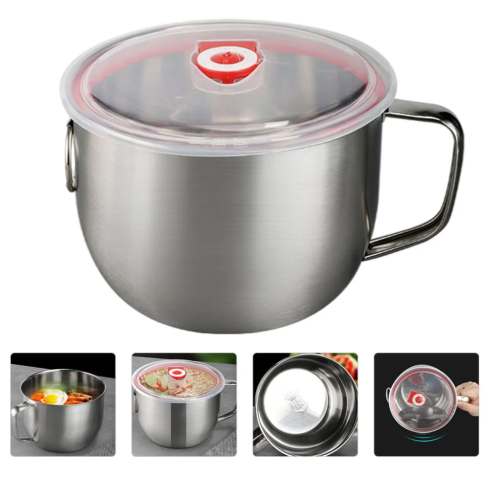 

1pc Stainless Steel Instant Noodles Bowl Sturdy Rice Bowl with Cover (Silver)
