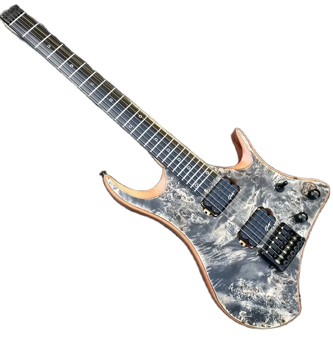 

New Grey Colourful Headless Electric Guitar Ebony Fretboard 24 Frets Black Imported Hardware