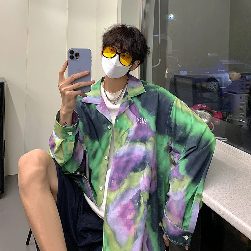

Tie Dye Letter Shirts Men's Long Sleeve Oversized Fashion Brand Blouses Harajuku Vintage Hip Hop Male Casual Cardigan