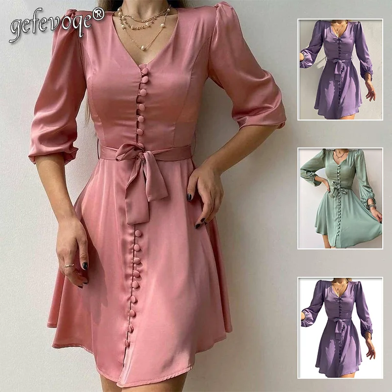 

Женское офисное платье с бантом, однотонное платье принцессы с поясом и пуговицами, весна-лето 2022, Длинные Пышные Рукава, v-образный вырез, об...