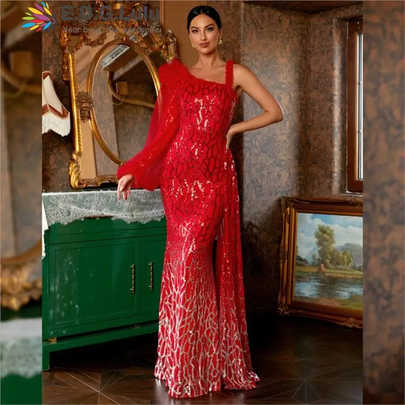 

EDGLuLu Asymmetric Collar One Shoulder Long Sleeve Sequin Birthday Dress For Women Evening Dress Mermaid Red Party Dress 0819