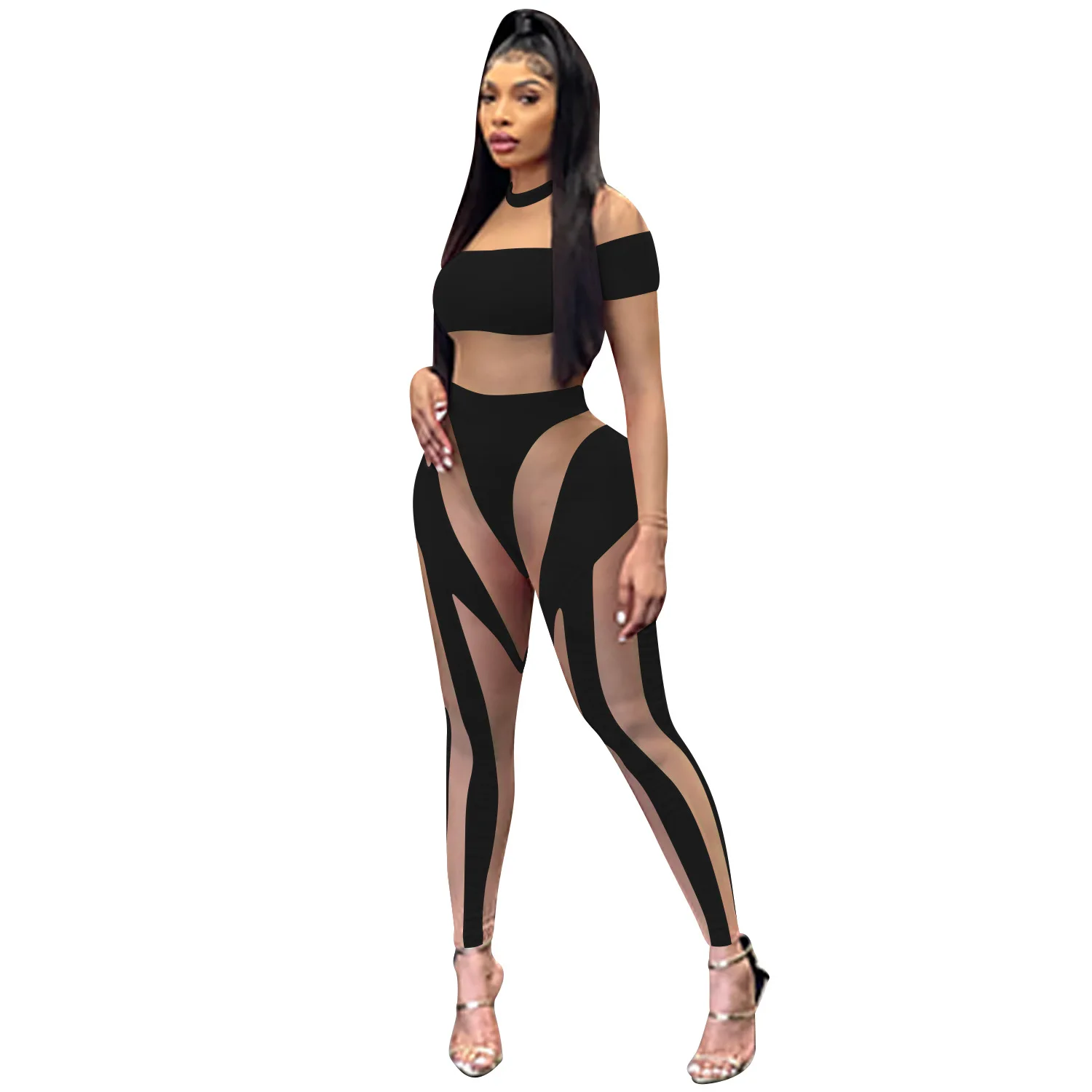 Casual Women Jumpsuit Color Patchwork Sheer Mesh Sporty Matching Set Streetwear Clothes For Women Overalls