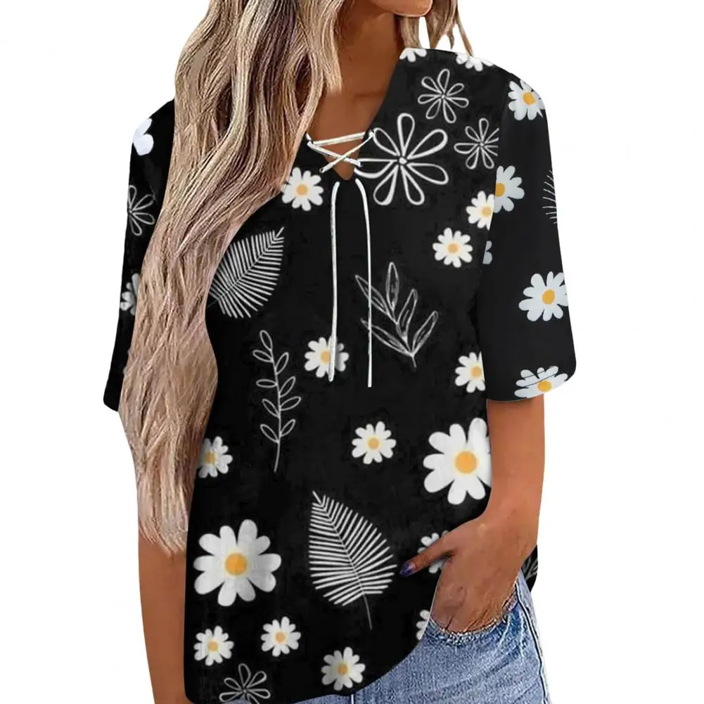 

Female Top V-Neck Bandage Quick Drying Summer Simple Flower Print Women Tee Shirt Women T-shirt Female Clothes