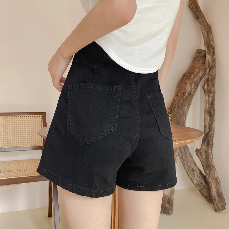High Waisted Double Grain Buckle Denim Shorts Women Summer Solid Color Thin A Line Loose Slimming Hot Pants Spicy Girls Fashion