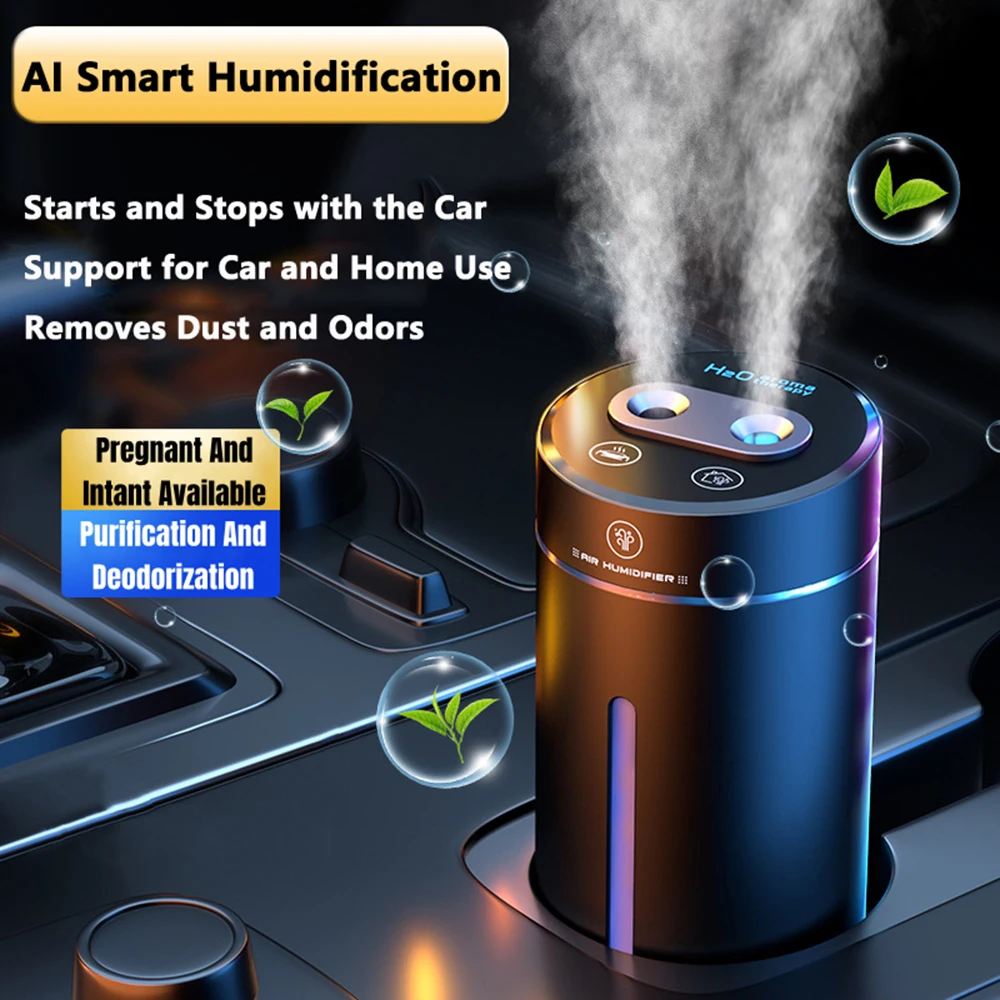 

Wireless Car Aroma Humidifier Dual Spray Vehicle Air Humidifier USB Charging Mini Essential Oil Diffuser with Mood Light