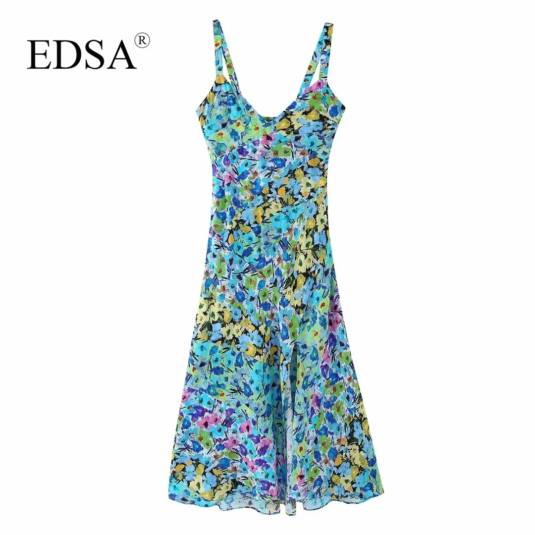 

EDSA Women Vintage Floral Printed Midi Dress 2023 Summer V-neck Wide Straps Invisible Side Zip Off-the-shoulder Dresses