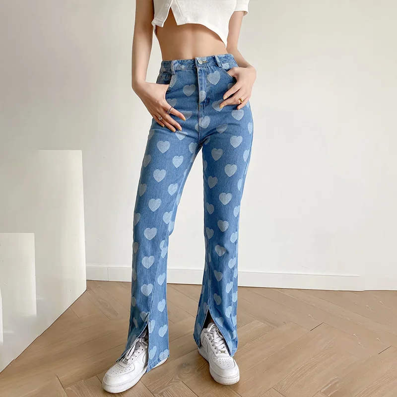 Bmissingyou Heart Denim Jeans Split Full Length High Waist With Pockets Straight Pants Y2k Hot Girl Streetwear Trousers Long