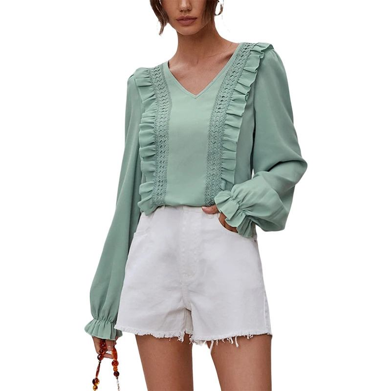 

Long Sleeve V-neck Ruffle Sleeve Loose Fit Flowy Tops Solid Color Chiffon Blouse Women's Blouse Shirts