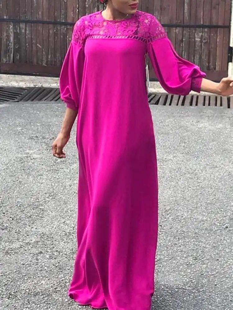

VONDA Long Maxi Dress 2022 Holiday Summer Women Lantern Sleeve Lace Patchwork Elegant Dress Casual Loose Solid Satin Vestidos