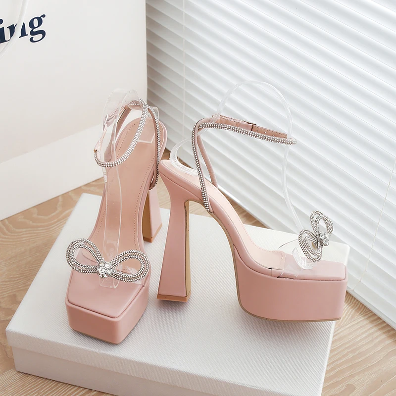 ZOOKERLIN Square Toe Platform Rhinestone Bow Women's Sandals Summer Ankle Strap Buckle Slingback Sandals Gladiator Women's Shoes
