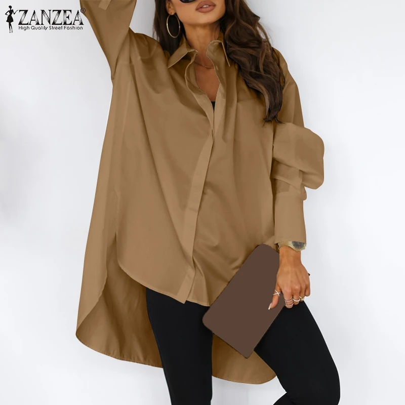 

Модные женские рубашки ZANZEA, Офисная Дамская блузка на весну и осень, свободные блузы большого размера с высоким и низким вырезом, повседневн...