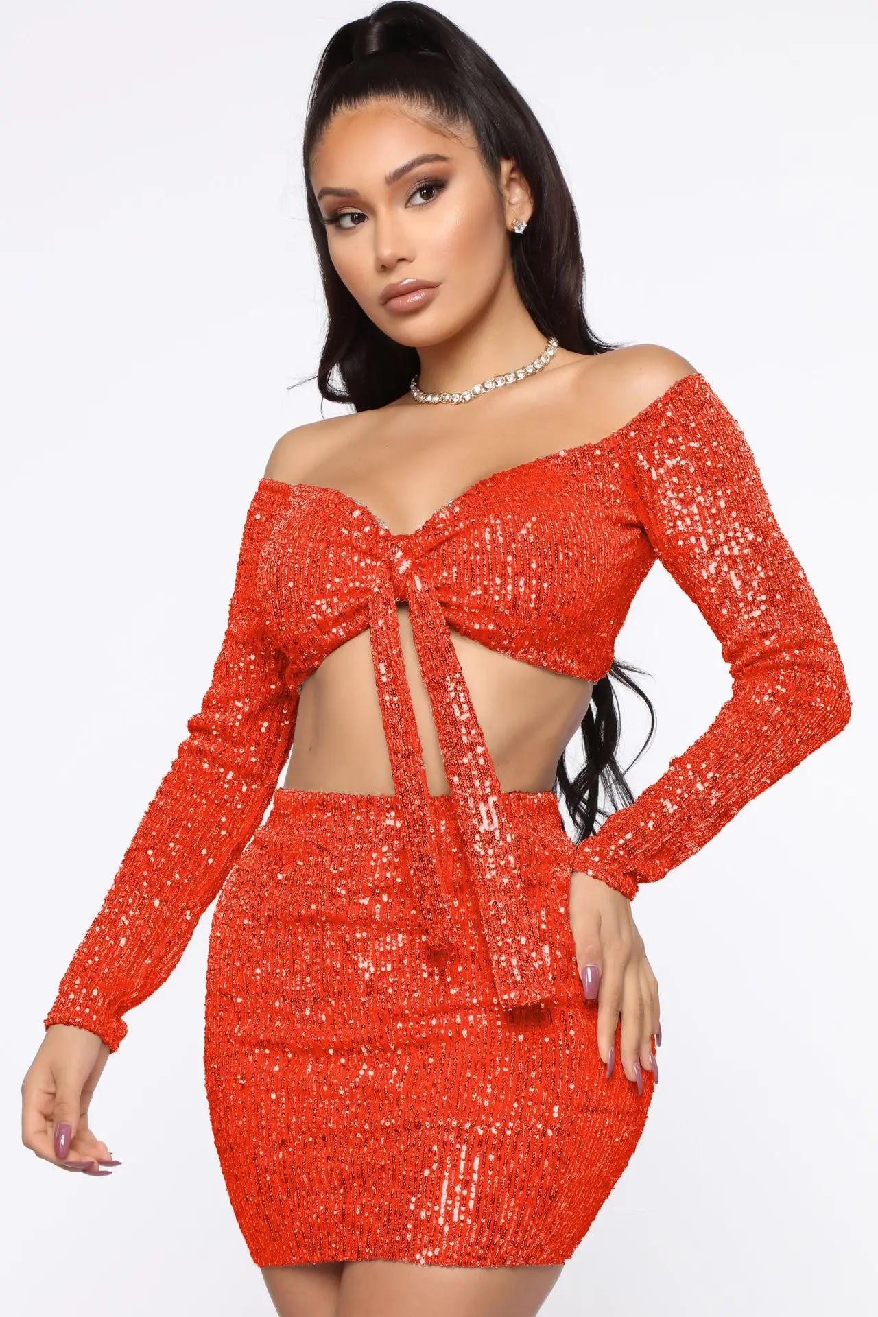 

Zoctuo Solid Sequin Sexy Two Piece Sets for Women Long Sleee Hollow Out Top and Mini Short Skirt Two Piece Set 2020 New Summer