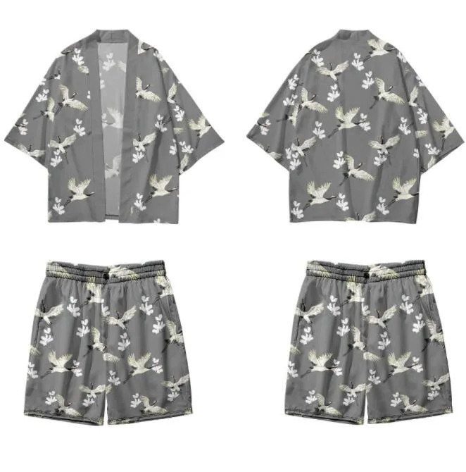 2PCS Men Chinese Robe Sets Print Crane 3/4 Sleeve Rayon Cardigan Shirts Kimono Pajamas Suit Casual Couple Bathrobe Home Clothes
