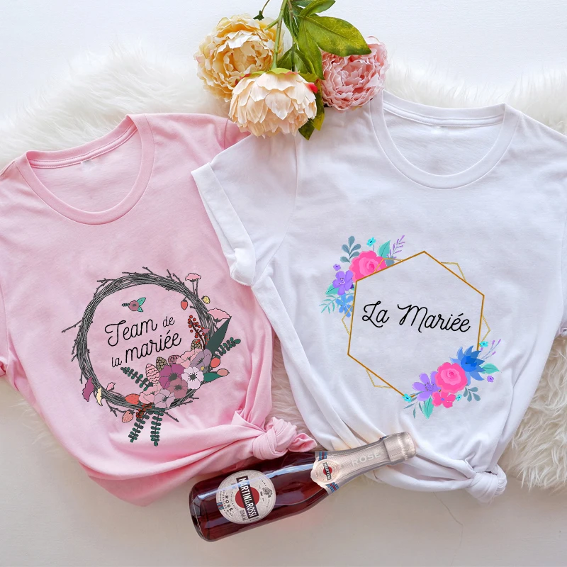 

Team Bride Tops Bachelorette Wedding Party French Women Evjf Tee Shirt Casual Basic O-collar Pink White Short Sleeved T-shirt