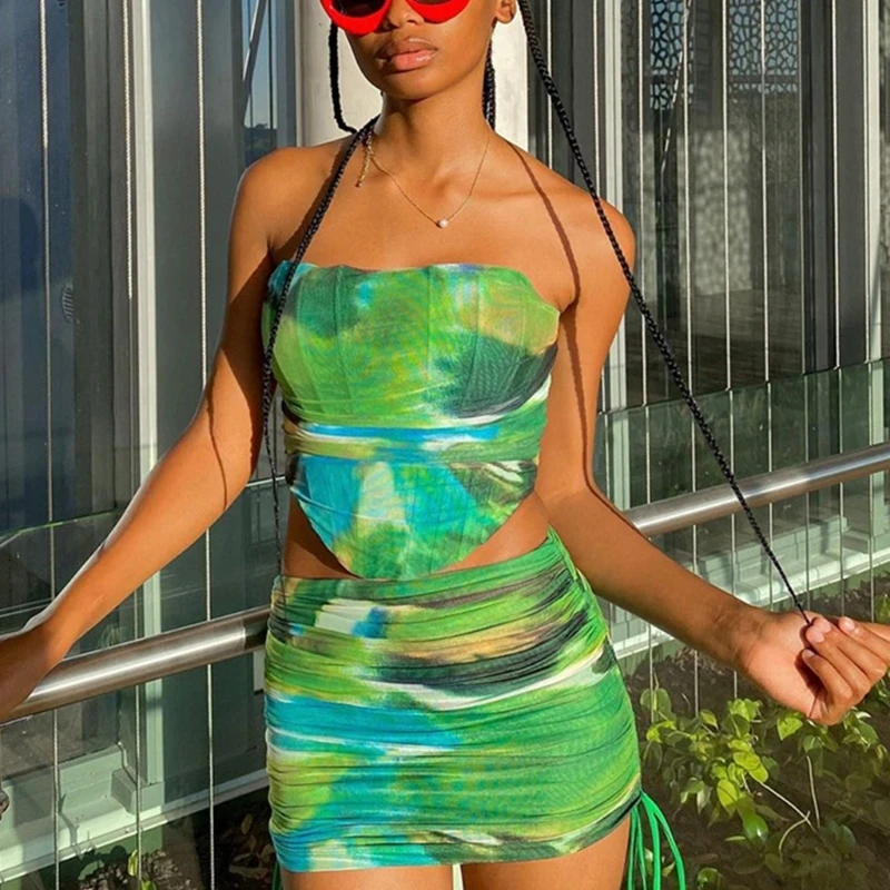

Women's 2 Piece Summer Outfits Printed Tube Tops Crop Tops Drawstring Bodycon Mini Skirt Set drop shipping