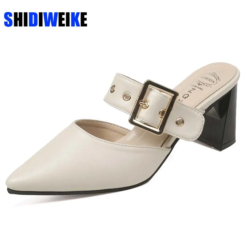 

Women Pumps Pointed Toe Mid Heels Mules Pu Leather Slip On Metal Buckle Summer Shoes Female Sandals 2022 Indoor Shoes AD1722