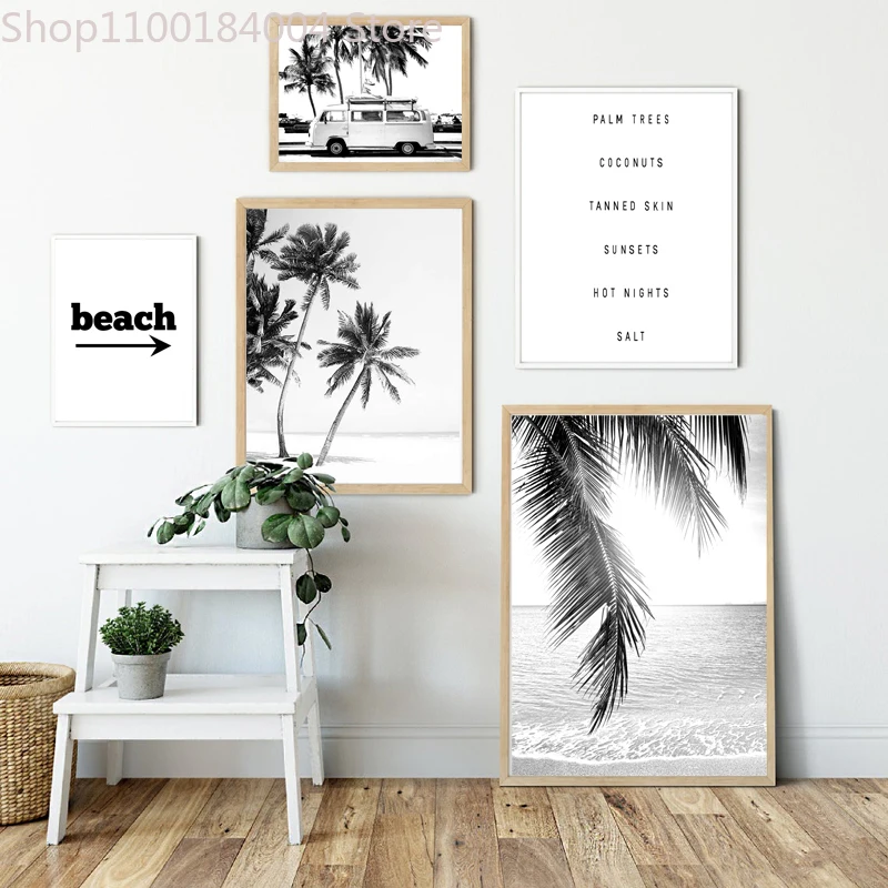 

Black and White Beach landscape Canvas Painting Palm Trees And Prints Wall Pictures Wall Decoration Home Living RoomPosters
