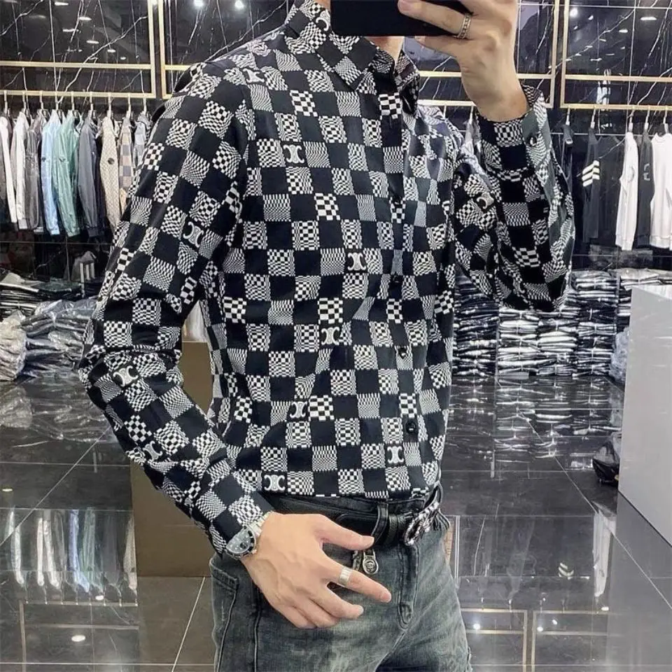 Men's Tide Brand Printed Long Sleeve Shirt Autumn Business Leisure Joker Korean Slim Shirt