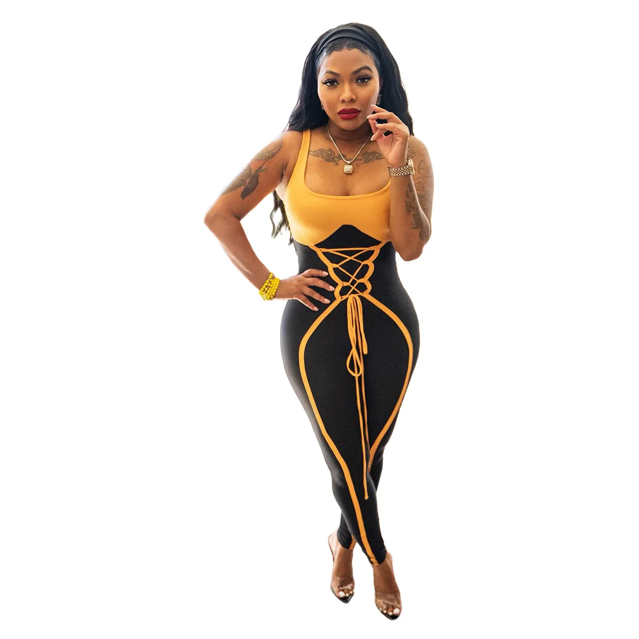 

Tank Jumpsuit Women Bodycon Bandage Sleeveless Rompers Summer New Fashion Patchwork Sexy Clubwear Bodysuit Jumpsuit Outfits 2022