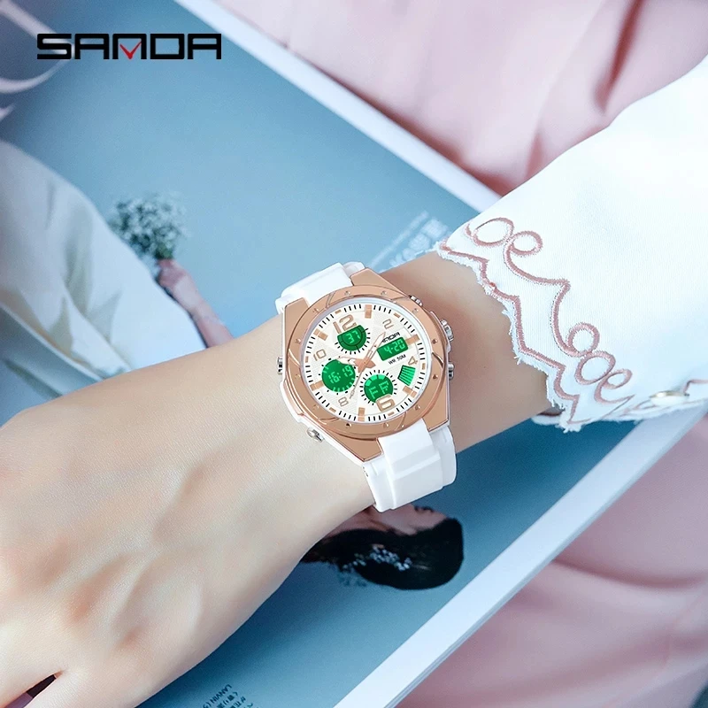 SANDA Sky Blue Watch for Women Analog-Digital Unisex Wristwatch 2023 Fashion Resin Bandwatch Men Watch Luminous Stop Watch 6062