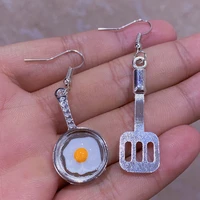 1 pair funny asymmetric shovel pan fried egg enamel drop earrings womens fashion aesthetics jewelry for wifes aretes gift