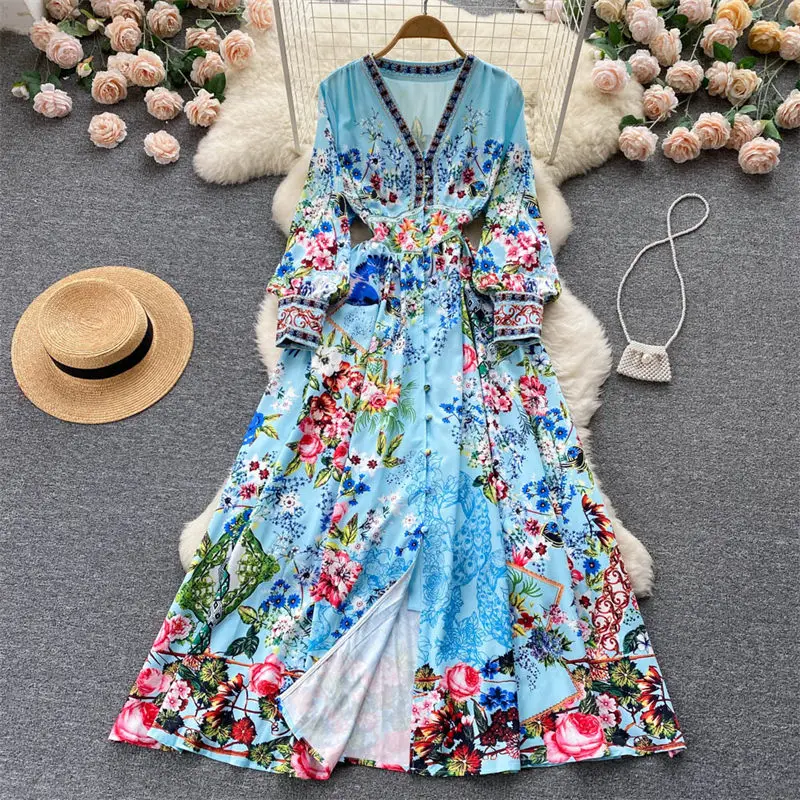

Spring Fall Retro Super Fairy V-Neck Floral Dress Seaside Holiday High Waist Slim Temperament Slit A-Line Long Dress Maxi h1145