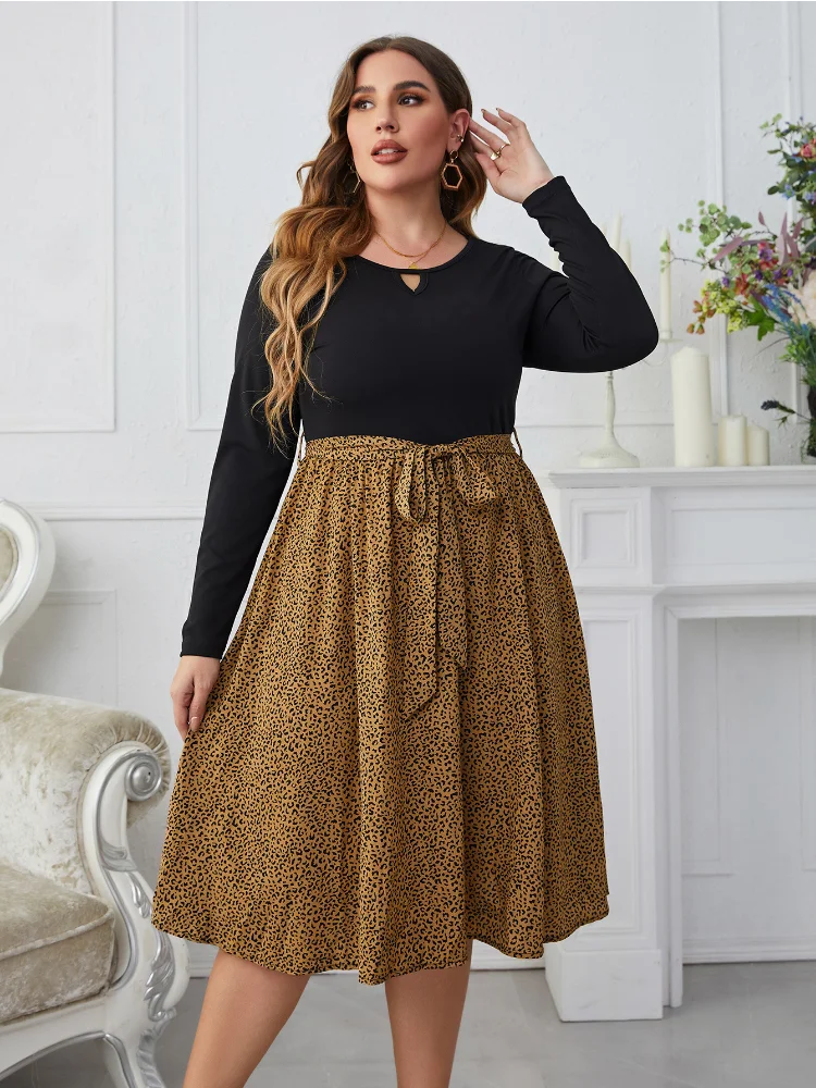 Fashion Leopard print plus size loose long-sleeved women party dresses