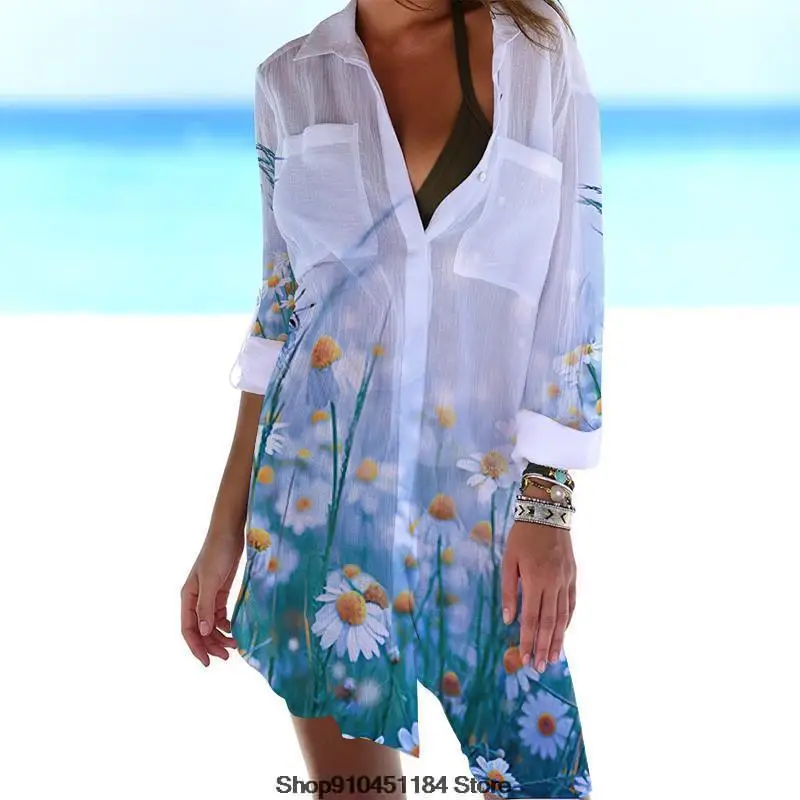 

2022 New Beach Cover Up Print Bikini pocket Sunscreen shirt Women Beach Cardigan Summer Beach Dress Ladies Swimsuit Beachwear