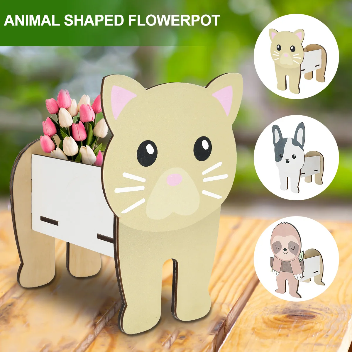 

Animal-Shaped Flower Pot Wooden Decorative Dog Cat Sloth Succulent Planter Cute Detachable Flowerpot Decor for Home Garden