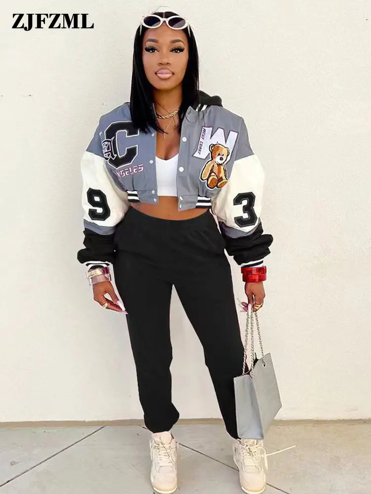 

Hippie Women Baseball Varsity Tracksuits Button Hooded Long Sleeve Crop Bomber Jackets and Elastic Waist Jogger Sweatpant Outfit