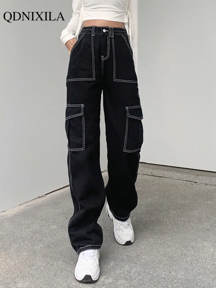 

2022 Autumer Winter High Waist Vintage Dark Blue Baggy Cargo Pants Women Casual Harajuku Multi-Pockets Street Oversize Jeans