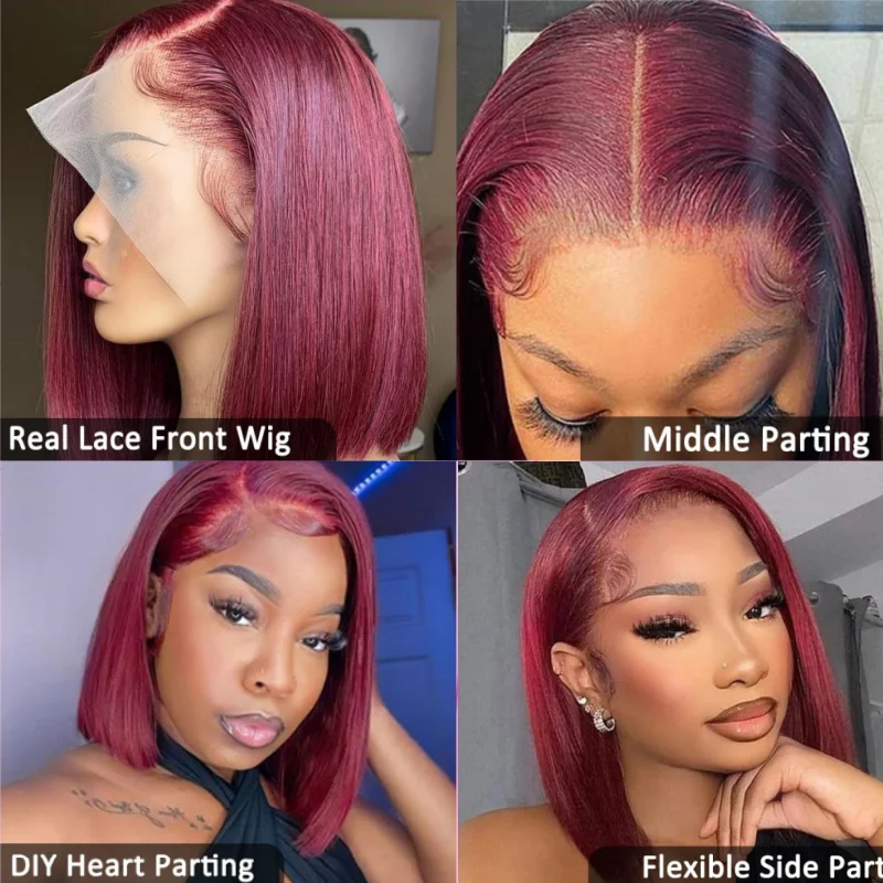 99J Бордовый Боб Парик Человеческих Волос 13x4 Прямые Парики Фронта Шнурка Короткий