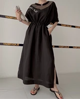 design sense mesh stitched slit mid length dress minimalist dress pullover loose thin elegant dress summer 2022 new