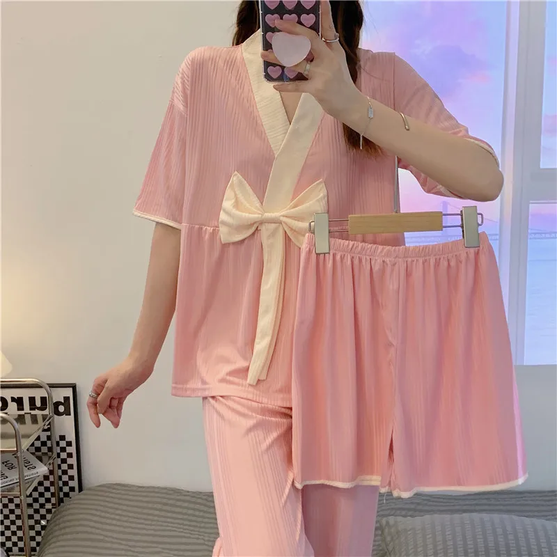 New pajamas women's summer thin shorts bow V-neck pajamas women's sweet autumn short-sleeved trousers three-piece home service