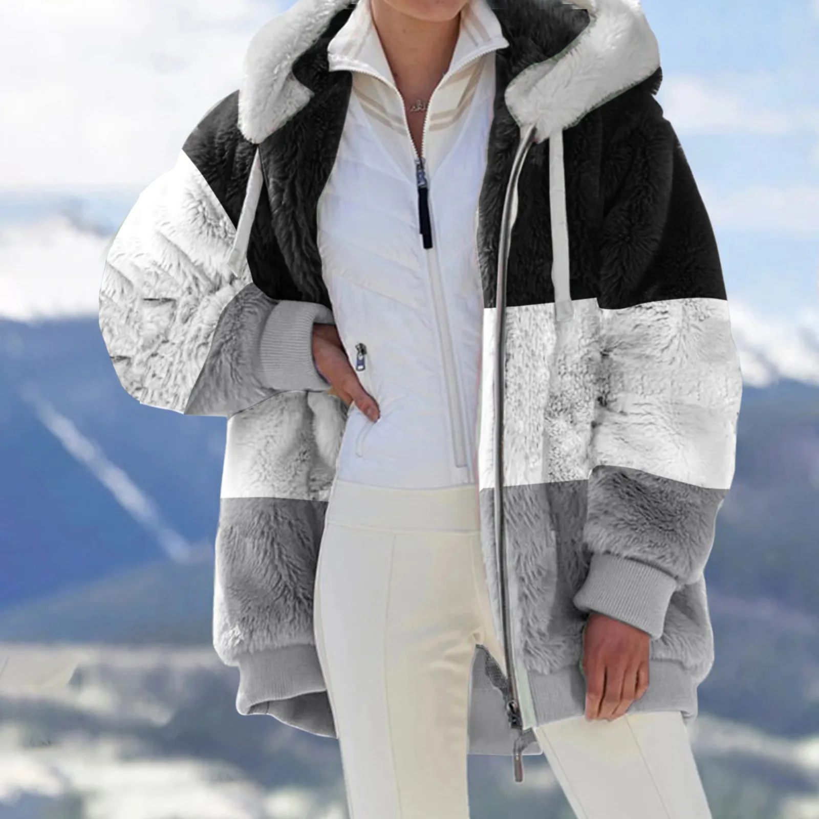 

Женское пальто, пуловер в полоску с капюшоном, флисовый плюшевый свитер, зимняя куртка, пальто, верхняя одежда, внешняя Одежда большого размера