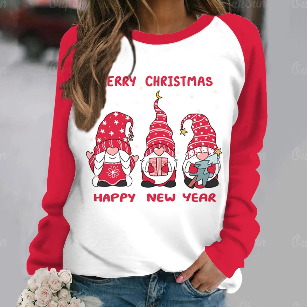 

Женская футболка с длинным рукавом, имитация хлопка, Рождественский принт, футболка, женская мода, о-образный вырез, блузка, Рождественская женская одежда 2024