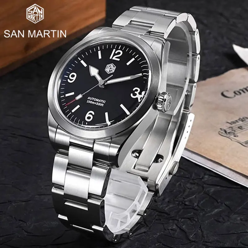 

Модные мужские часы San Martin NH35, автоматические механические наручные часы для дайвинга 10 бар, водонепроницаемые спортивные сапфировые зеркальные искусственные синие часы