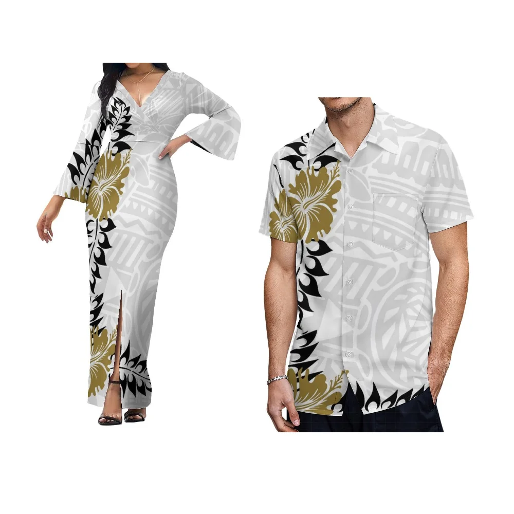 Hawaiian Islands Custom Couple Set Women'S Tight Skirt Men'S Shirt Polynesian Art Print Temperament V-Neck Slit