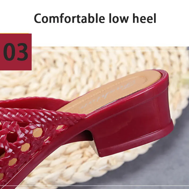 Beach Slippers Women Wear Wrapped Toe Summer Middle Heel PVC Fashion Increase Outdoor Black Red All-match Non-slip Sandals