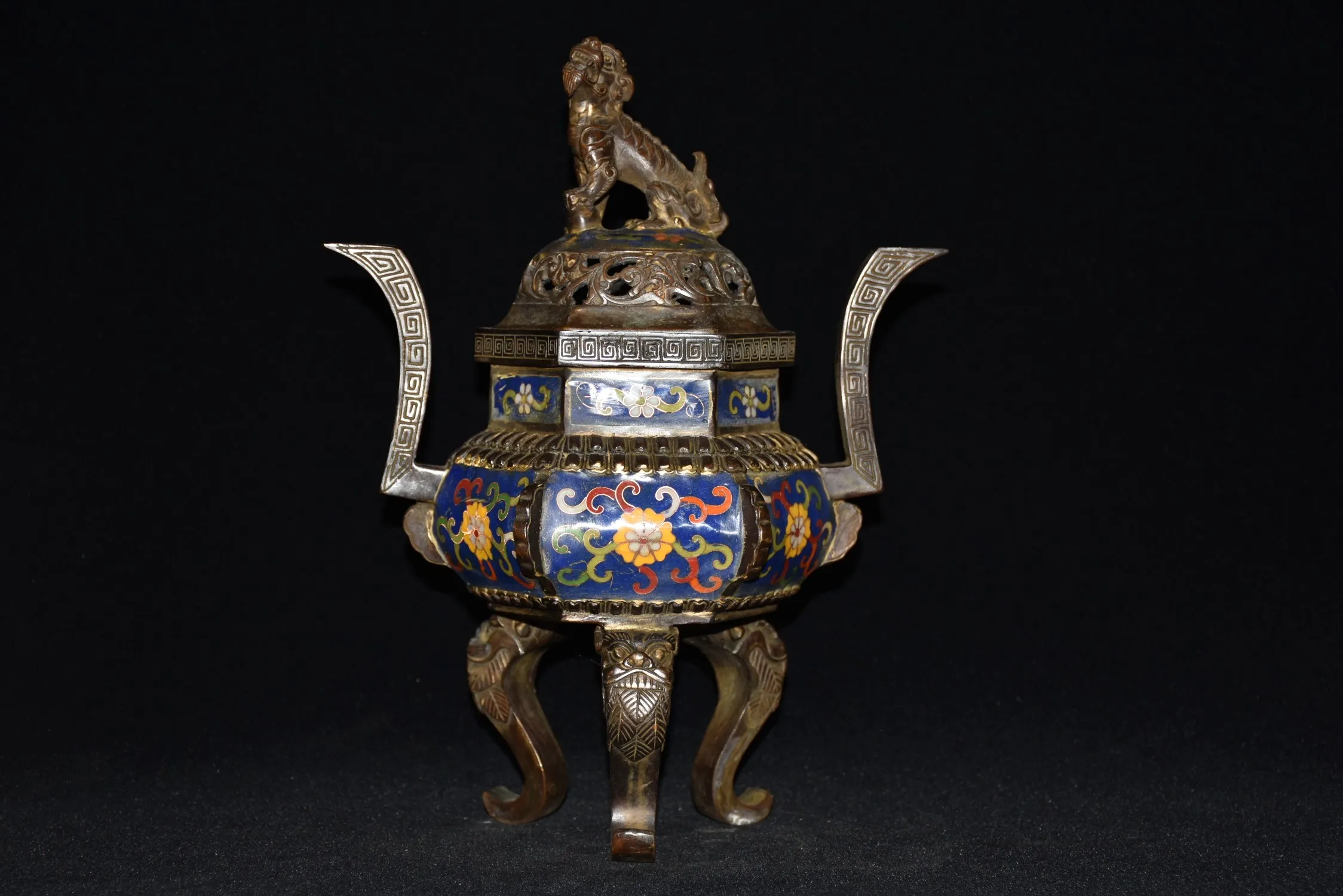 

8" Chinese Folk Collection Old Bronze Cloisonne Enamel Lion Ruyi binaural three-legged Hexagon incense burner Gather fortune