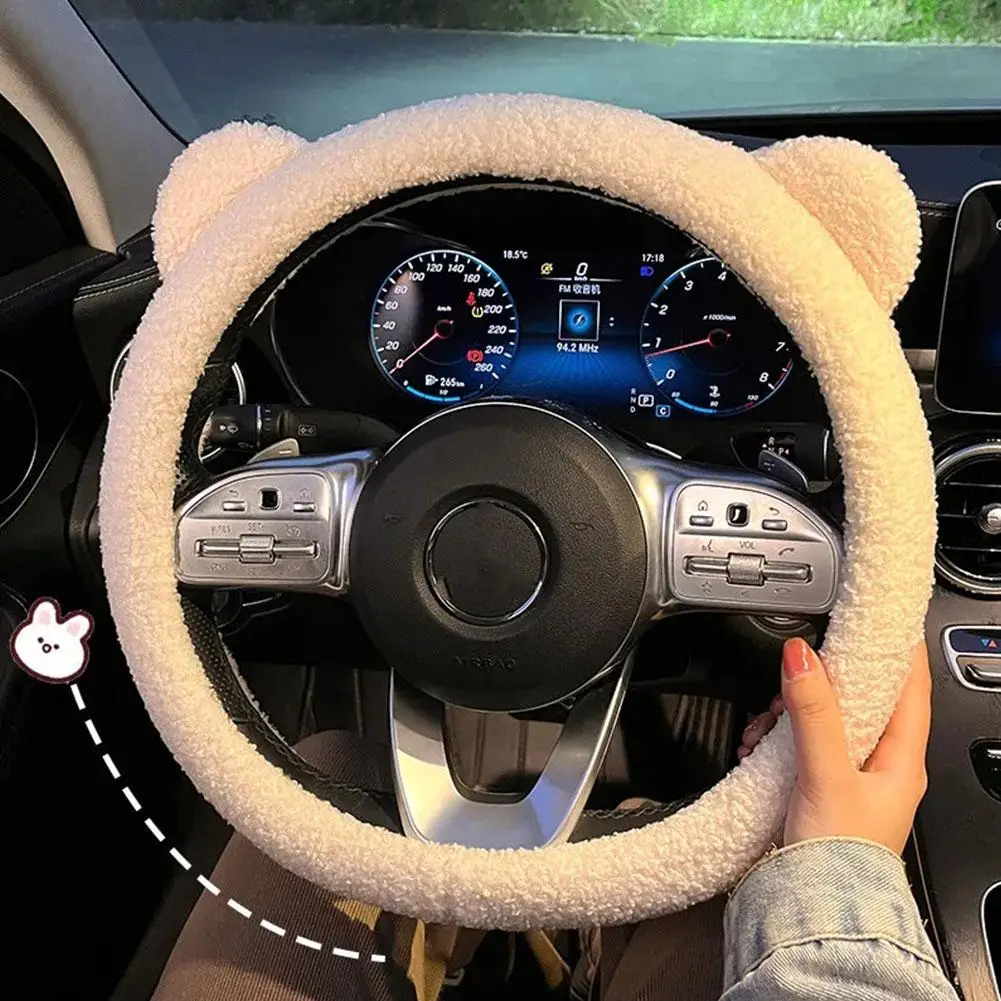 

Winter Plush Cartoon Bear Ear Steering Wheel Cover Warm Soft Comfortable Anti-slip Universal Women Car Interior Accessories