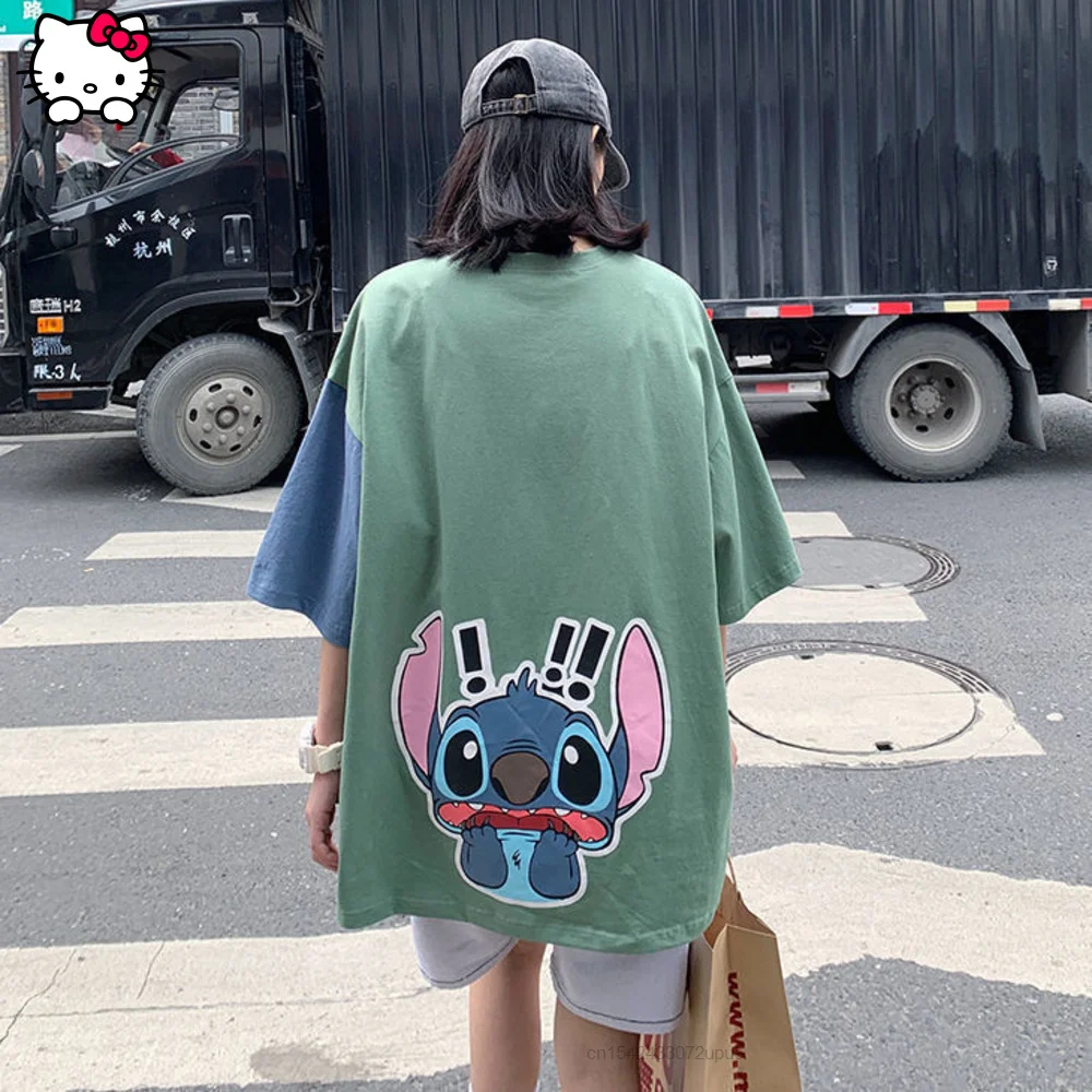 

Colors Splicing Short Sleeve T-shirts Loose Tees Women Men Fashion Clothes Cartoon Stitch Printed Crop Top Streetwear Clothing