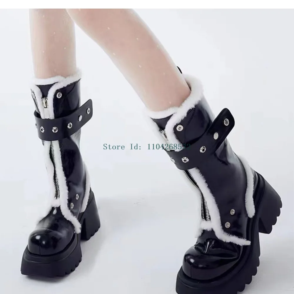 Универсальные ботильоны с заклепками на меху круглый носок толстый каблук