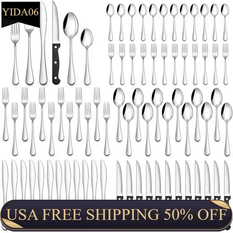 

48-Piece Silverware Set with Steak Knives, Flatware Set for 8, Food-Grade Stainless Steel Tableware Cutlery Set, Utensil Sets
