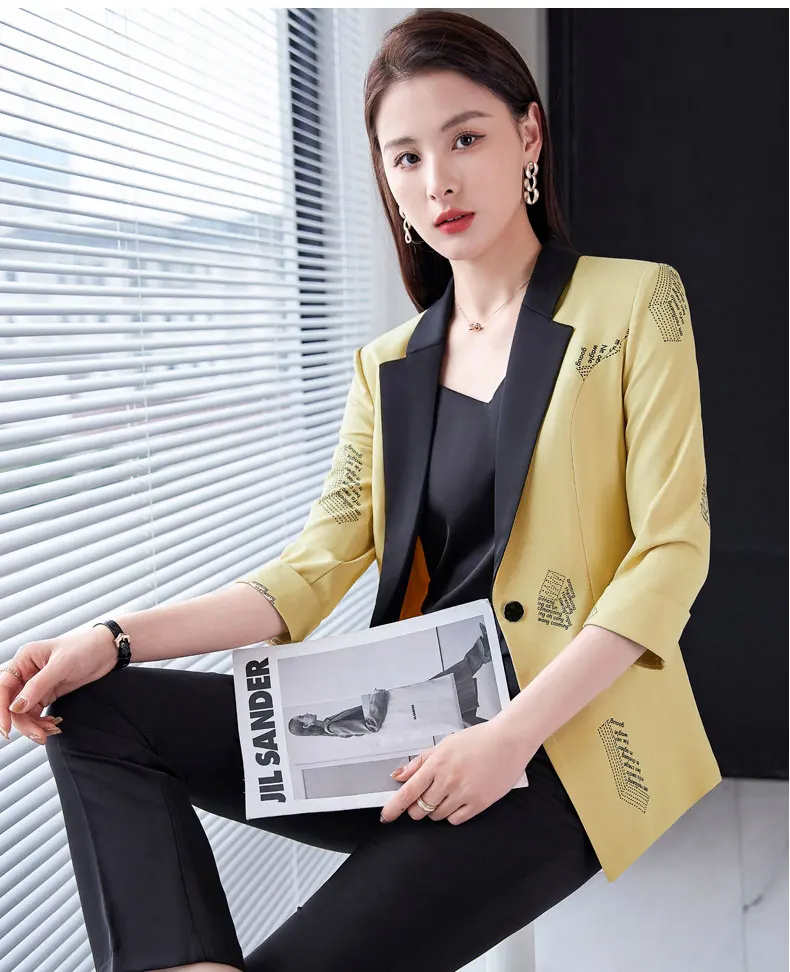 

Fashion Female Pantsuits Women Business Suits Half Sleeve Blazer Ladies Pant and Jacket Sets Work Office Uniform Style
