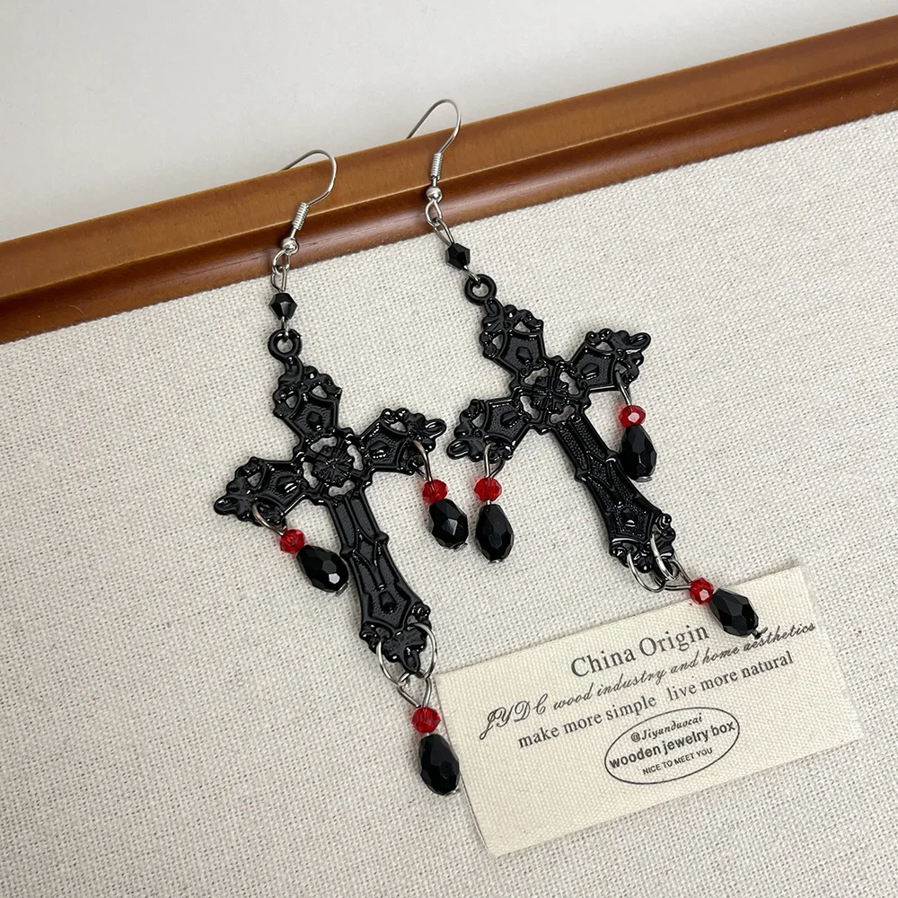 Готические черные большие полые длинные висячие серьги с крестом для женщин