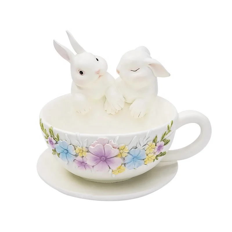 

resin bunny teacup candy storage box rabbit statues for home decor
