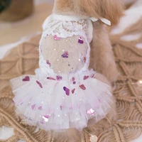 free shipping handmade dog clothes pet supplies dress costume white lace see through sweat heart tutu tulle skirt cat one piece